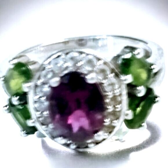 STERLING SILVER RING RASPBERRY Rhodolite Chrome Diopside & Zircon Rhodium SZ 6 - Picture 9 of 11